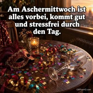Ein umgekipptes Weinglas liegt auf einem Holztisch zwischen Konfetti, Luftschlangen und einer Karnevalsmaske im warmen Kerzenlicht nach der Feier.