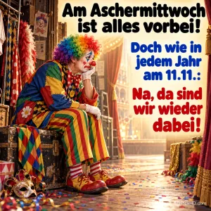 Ein trauriger Clown mit bunter Perücke und gestreifter Hose sitzt auf einer Kiste hinter der Bühne, ringsum Kostüme, Masken und Konfetti.