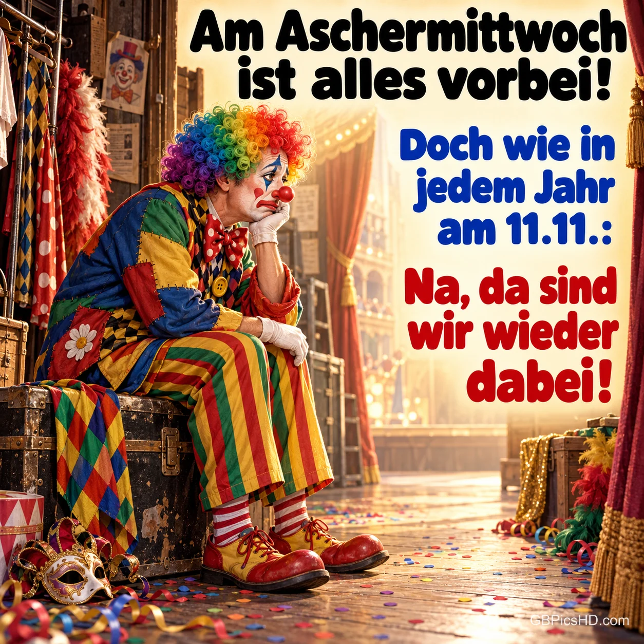 Ein trauriger Clown mit bunter Perücke und gestreifter Hose sitzt auf einer Kiste hinter der Bühne, ringsum Kostüme, Masken und Konfetti. Ein trauriger Clown mit bunter Perücke und gestreifter Hose sitzt auf einer Kiste hinter der Bühne, ringsum Kostüme, Masken und Konfetti.