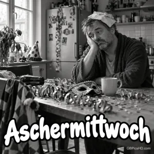 Schwarz-weißes Bild eines müden Mannes mit nassem Tuch auf dem Kopf, der am Küchentisch voller Luftschlangen und Masken den Kopf auf die Hand stützt.