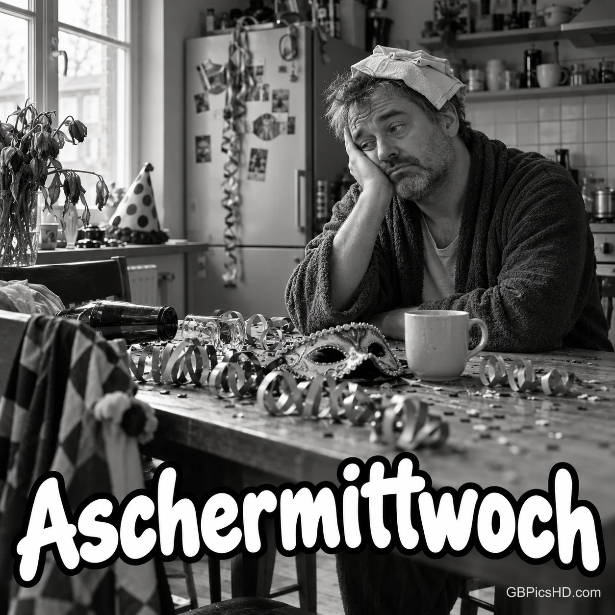 Schwarz-weißes Bild eines müden Mannes mit nassem Tuch auf dem Kopf, der am Küchentisch voller Luftschlangen und Masken den Kopf auf die Hand stützt. Schwarz-weißes Bild eines müden Mannes mit nassem Tuch auf dem Kopf, der am Küchentisch voller Luftschlangen und Masken den Kopf auf die Hand stützt.