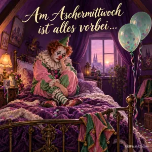 Ein trauriger Clown mit Partyhut sitzt auf einem Bett in einem violetten Zimmer, daneben schweben zwei Luftballons vor dem abendlichen Fenster.