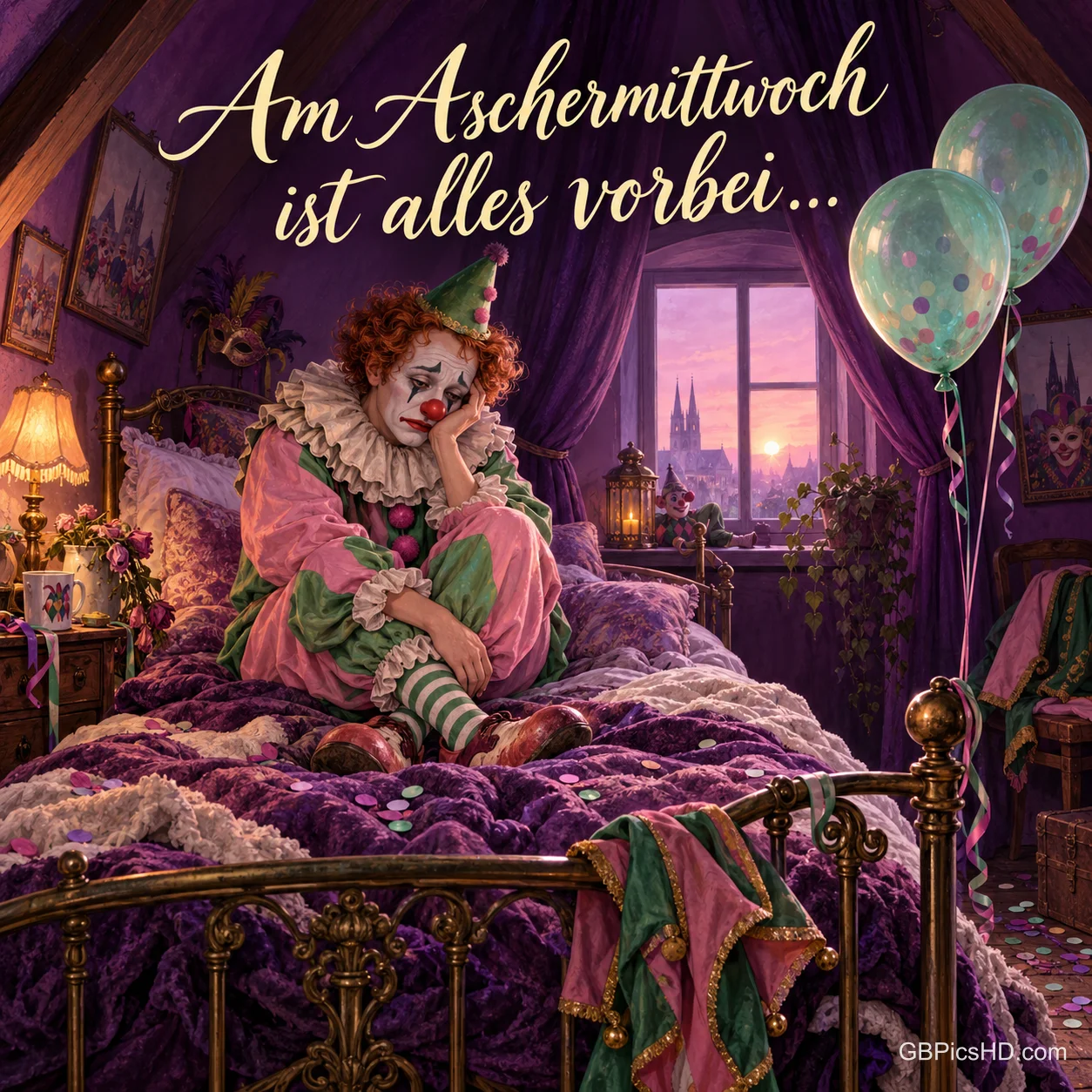 Ein trauriger Clown mit Partyhut sitzt auf einem Bett in einem violetten Zimmer, daneben schweben zwei Luftballons vor dem abendlichen Fenster. Ein trauriger Clown mit Partyhut sitzt auf einem Bett in einem violetten Zimmer, daneben schweben zwei Luftballons vor dem abendlichen Fenster.