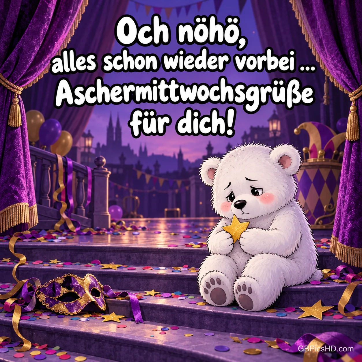 Ein trauriger weißer Teddybär sitzt mit einem goldenen Stern auf Bühnenstufen zwischen Konfetti, Masken und violetten Vorhängen nach dem Karneval. Ein trauriger weißer Teddybär sitzt mit einem goldenen Stern auf Bühnenstufen zwischen Konfetti, Masken und violetten Vorhängen nach dem Karneval.