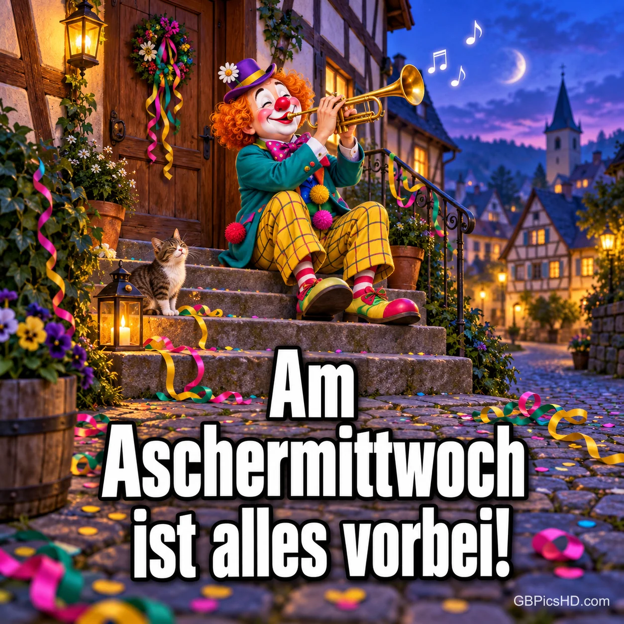 Ein Clown sitzt am Abend mit seiner Trompete auf einer Treppe in einer Fachwerkgasse voller Konfetti, dazu "Am Aschermittwoch ist alles vorbei!". Ein Clown sitzt am Abend mit seiner Trompete auf einer Treppe in einer Fachwerkgasse voller Konfetti, dazu "Am Aschermittwoch ist alles vorbei!".