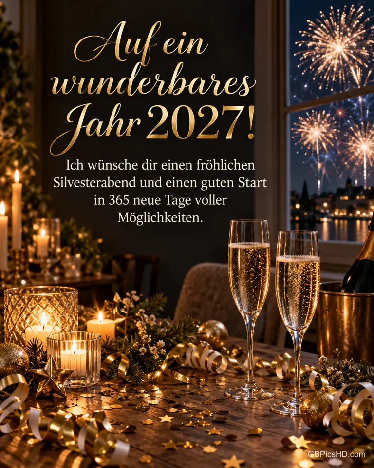Ein festlicher Tisch mit Sektgläsern, Kerzen, Konfetti und Luftschlangen vor dem Feuerwerk im Fenster, dazu "Auf ein wunderbares Jahr 2027!".
