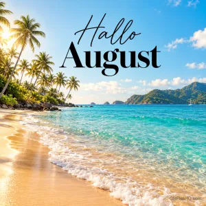 Türkisblaues Meer an einem goldenen Sandstrand mit Palmen und grüner Bergküste unter blauem Himmel, darüber der Schriftzug "Hallo August"