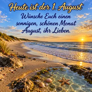 Sonnenuntergang an einem Sandstrand mit Dünengras, Felsen und klarer Gezeitenpfütze voller Muscheln und Seesterne, darüber "Heute ist der 1. August"