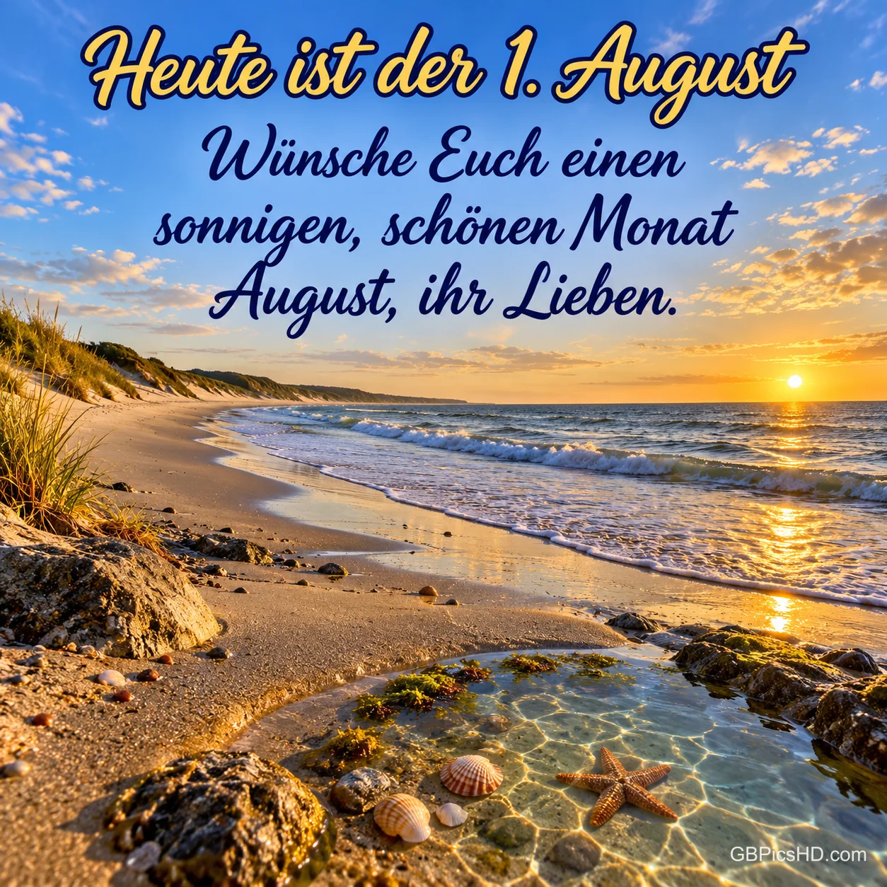 Sonnenuntergang an einem Sandstrand mit Dünengras, Felsen und klarer Gezeitenpfütze voller Muscheln und Seesterne, darüber "Heute ist der 1. August" Sonnenuntergang an einem Sandstrand mit Dünengras, Felsen und klarer Gezeitenpfütze voller Muscheln und Seesterne, darüber "Heute ist der 1. August"