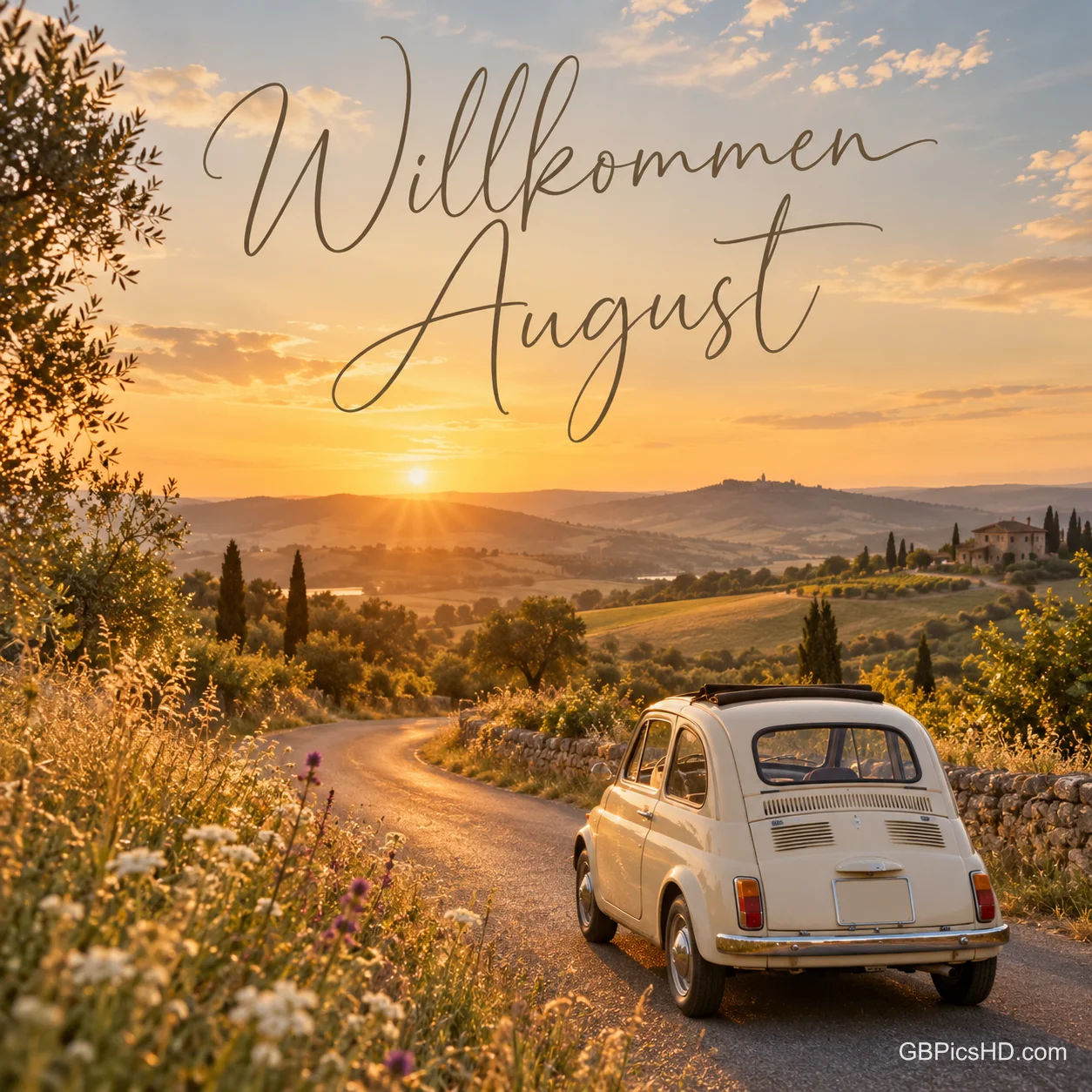 Kleiner weißer Oldtimer fährt auf einer kurvigen Landstraße durch sommerliche Hügel bei Sonnenuntergang, darüber in feiner Schreibschrift "Willkommen August" Kleiner weißer Oldtimer fährt auf einer kurvigen Landstraße durch sommerliche Hügel bei Sonnenuntergang, darüber in feiner Schreibschrift "Willkommen August"