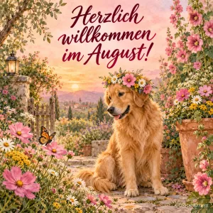 Golden Retriever mit Blumenkranz sitzt in einem blühenden Garten mit rosa Stockrosen, Schmetterling und Laterne, darüber "Herzlich willkommen im August!"