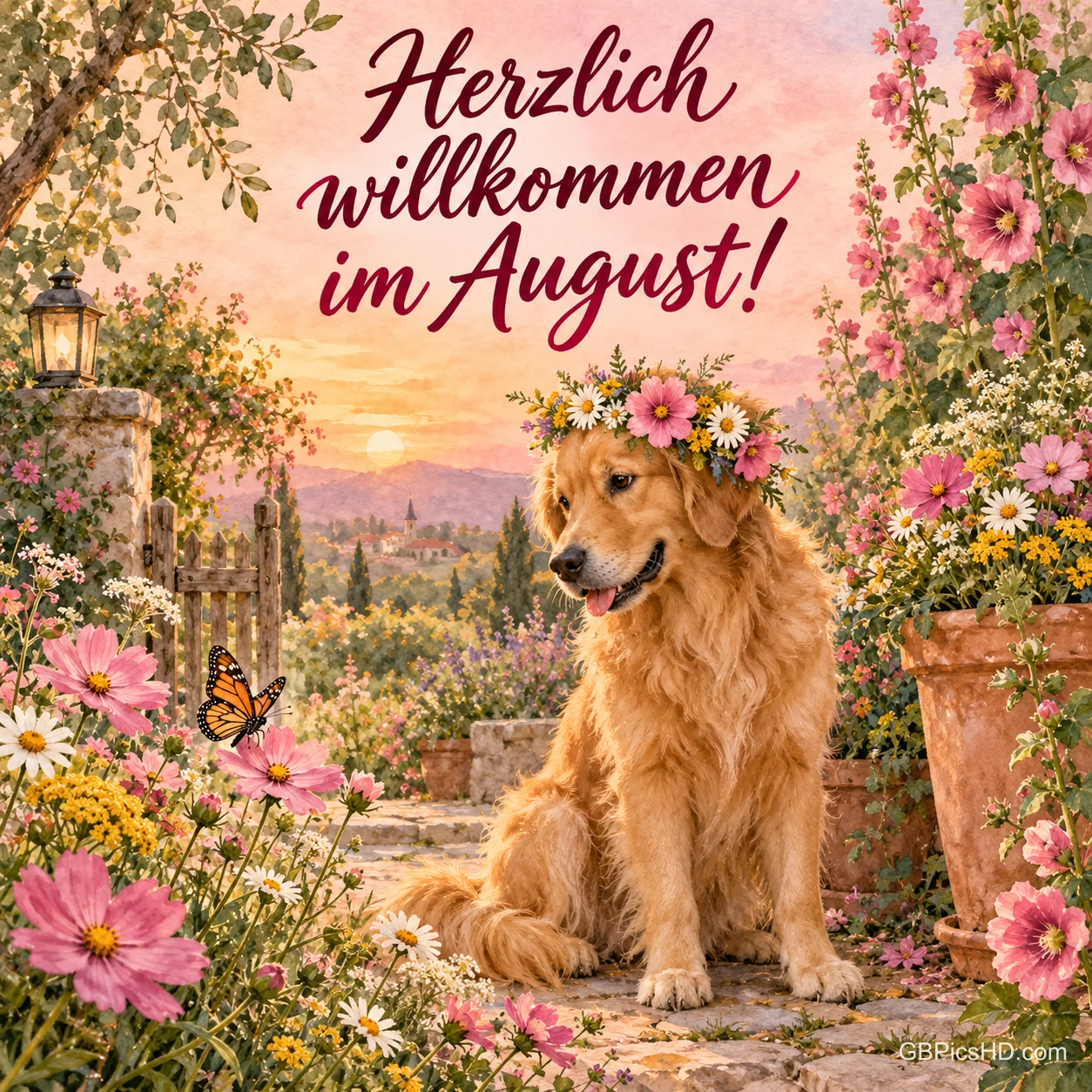 Golden Retriever mit Blumenkranz sitzt in einem blühenden Garten mit rosa Stockrosen, Schmetterling und Laterne, darüber "Herzlich willkommen im August!" Golden Retriever mit Blumenkranz sitzt in einem blühenden Garten mit rosa Stockrosen, Schmetterling und Laterne, darüber "Herzlich willkommen im August!"