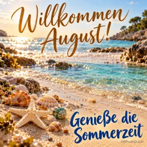 Sonnige Felsbucht mit klarem Wasser, Muscheln und Seestern im Sand, dazu "Willkommen August!" und in Blau "Genieße die Sommerzeit"