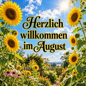 Leuchtende Sonnenblumen in einem Sommergarten unter blauem Himmel mit Sonne und Wolken, in der Mitte der Schriftzug "Herzlich willkommen im August"