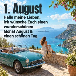 Frau mit Sonnenhut sitzt neben einem grünen Oldtimer-Cabrio auf einer Mauer über dem Meer an einer Felsküste, darüber der Gruß zum 1. August