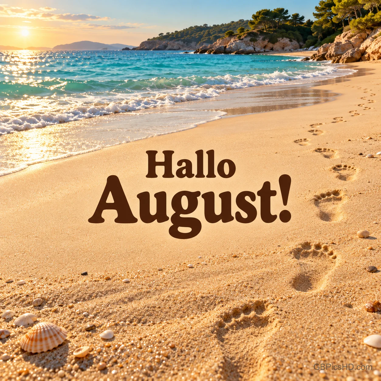 Fußspuren im goldenen Sand an einem sonnigen Strand mit türkisem Meer, Muscheln und Felsküste, in der Mitte "Hallo August!" in Braun Fußspuren im goldenen Sand an einem sonnigen Strand mit türkisem Meer, Muscheln und Felsküste, in der Mitte "Hallo August!" in Braun