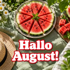 Runde Wassermelone in Stücke geschnitten auf einem Teller mit Minze, auf einer Picknickdecke mit Strohhut und Gänseblümchen, darunter "Hallo August!"