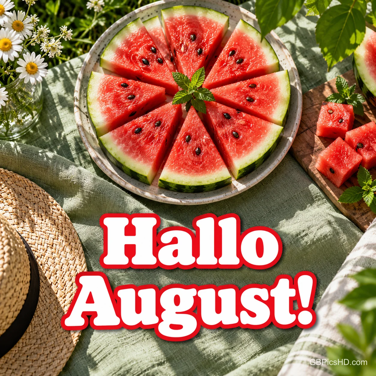 Runde Wassermelone in Stücke geschnitten auf einem Teller mit Minze, auf einer Picknickdecke mit Strohhut und Gänseblümchen, darunter "Hallo August!" Runde Wassermelone in Stücke geschnitten auf einem Teller mit Minze, auf einer Picknickdecke mit Strohhut und Gänseblümchen, darunter "Hallo August!"