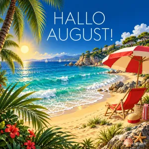 Tropischer Strand mit rot-weißem Sonnenschirm, rotem Liegestuhl, Palmen, Hibiskusblüten und türkisem Meer, darüber in weißen Großbuchstaben "HALLO AUGUST!"