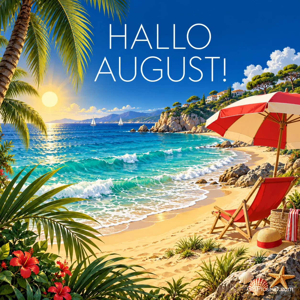 Tropischer Strand mit rot-weißem Sonnenschirm, rotem Liegestuhl, Palmen, Hibiskusblüten und türkisem Meer, darüber in weißen Großbuchstaben "HALLO AUGUST!" Tropischer Strand mit rot-weißem Sonnenschirm, rotem Liegestuhl, Palmen, Hibiskusblüten und türkisem Meer, darüber in weißen Großbuchstaben "HALLO AUGUST!"