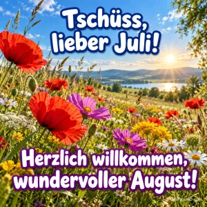 Eine sonnige Sommerwiese mit Mohn und Wildblumen über einem See, dazu "Tschüss, lieber Juli! Herzlich willkommen, wundervoller August!".