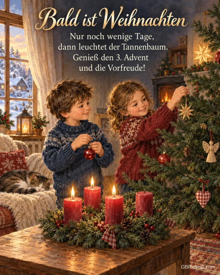 Zwei Kinder schmücken den Tannenbaum im Wohnzimmer, eine Katze schläft auf dem Sofa, auf dem Tisch brennen drei Kerzen am Adventskranz, dazu "Bald ist Weihnachten".