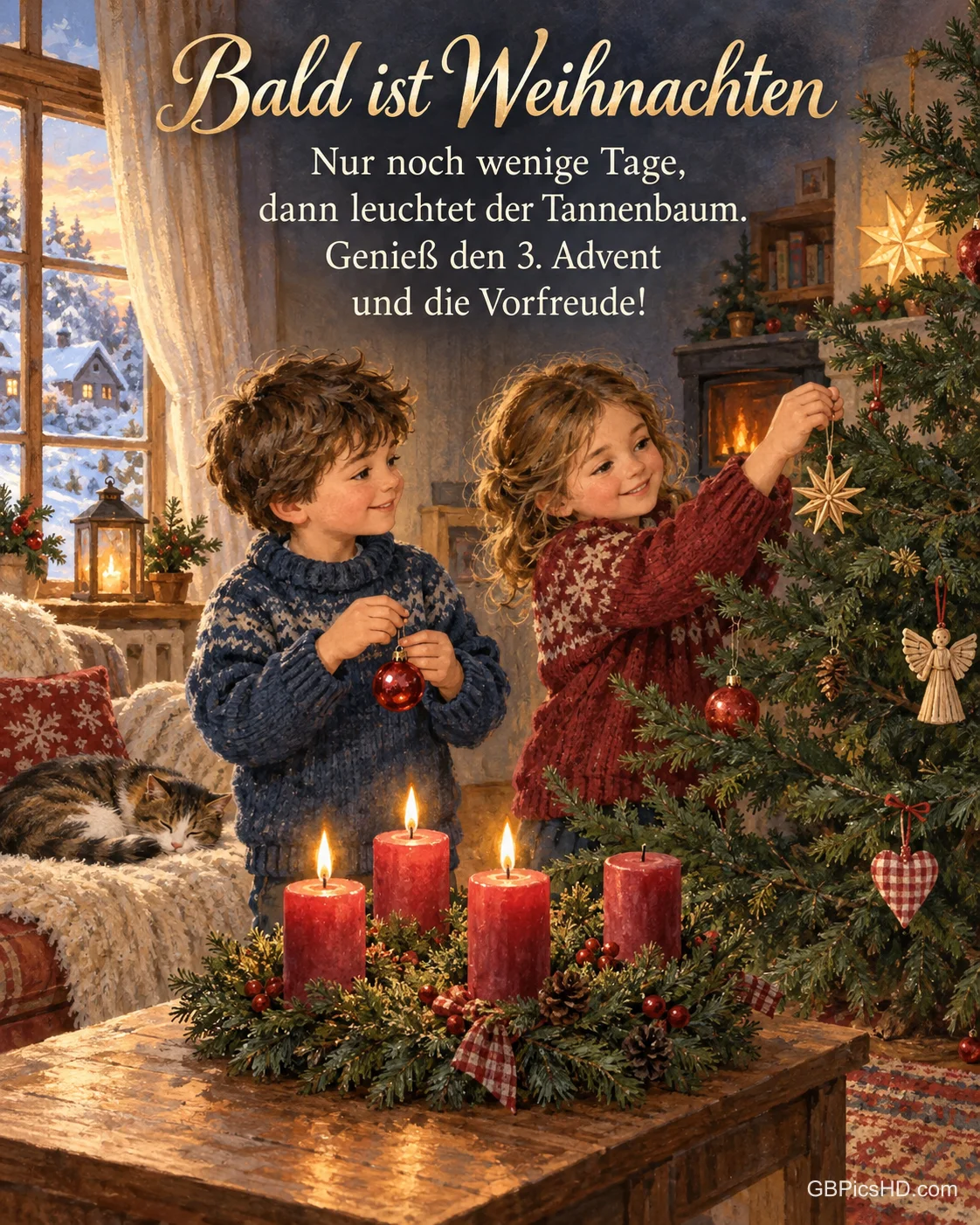 Zwei Kinder schmücken den Tannenbaum im Wohnzimmer, eine Katze schläft auf dem Sofa, auf dem Tisch brennen drei Kerzen am Adventskranz, dazu "Bald ist Weihnachten".
