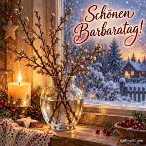 Kirschzweige mit ersten Knospen stehen in einer Glasvase auf der Fensterbank neben einer Kerze, draußen ein verschneiter Garten, dazu "Schönen Barbaratag!".
