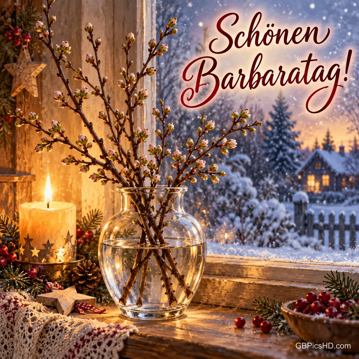 Kirschzweige mit ersten Knospen stehen in einer Glasvase auf der Fensterbank neben einer Kerze, draußen ein verschneiter Garten, dazu "Schönen Barbaratag!". Kirschzweige mit ersten Knospen stehen in einer Glasvase auf der Fensterbank neben einer Kerze, draußen ein verschneiter Garten, dazu "Schönen Barbaratag!".