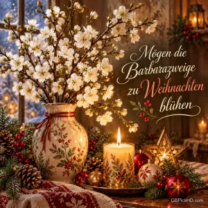 Eine Vase mit weiß blühenden Kirschzweigen neben Weihnachtskugeln und einer brennenden Kerze mit dem Wunsch "Mögen die Barbarazweige zu Weihnachten blühen".