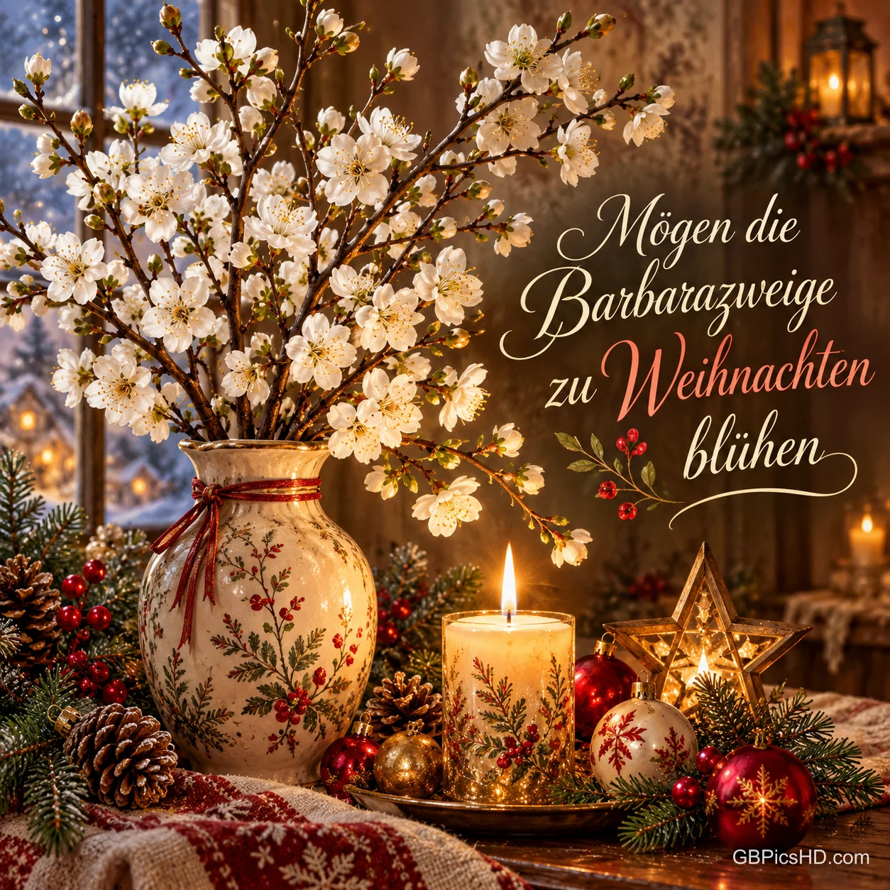Eine Vase mit weiß blühenden Kirschzweigen neben Weihnachtskugeln und einer brennenden Kerze mit dem Wunsch "Mögen die Barbarazweige zu Weihnachten blühen". Eine Vase mit weiß blühenden Kirschzweigen neben Weihnachtskugeln und einer brennenden Kerze mit dem Wunsch "Mögen die Barbarazweige zu Weihnachten blühen".