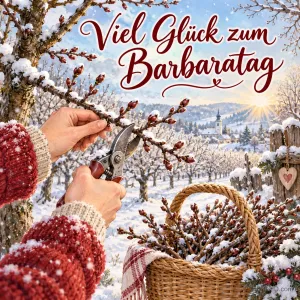 Hände schneiden mit einer Gartenschere Kirschzweige in einem verschneiten Obstgarten, daneben ein Korb voller Zweige, darüber "Viel Glück zum Barbaratag".