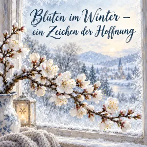 Ein weiß blühender Kirschzweig vor einem verschneiten Fenster im sanften Winterlicht mit dem Text "Blüten im Winter – ein Zeichen der Hoffnung".