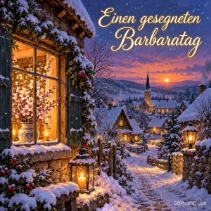 Ein verschneites Dorf in der Abenddämmerung, im warm erleuchteten Fenster stehen blühende Zweige, dazu der Gruß "Einen gesegneten Barbaratag".