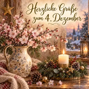 Blühende Barbarazweige in einem Keramikkrug neben einer Kerze und Tannenzapfen mit dem Text "Herzliche Grüße zum 4. Dezember".