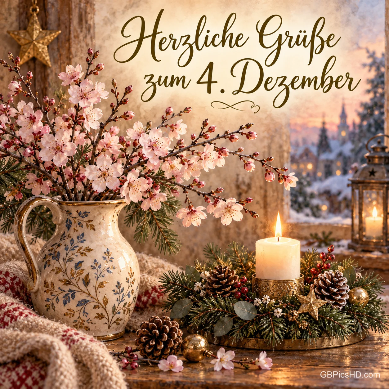 Blühende Barbarazweige in einem Keramikkrug neben einer Kerze und Tannenzapfen mit dem Text "Herzliche Grüße zum 4. Dezember". Blühende Barbarazweige in einem Keramikkrug neben einer Kerze und Tannenzapfen mit dem Text "Herzliche Grüße zum 4. Dezember".