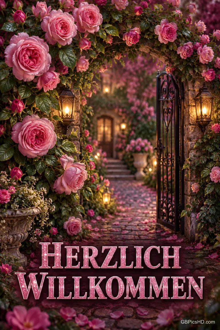 "HERZLICH WILLKOMMEN" steht unter einem rosengesäumten Gartentor mit leuchtenden Laternen und einem Weg voller Blütenblätter.
