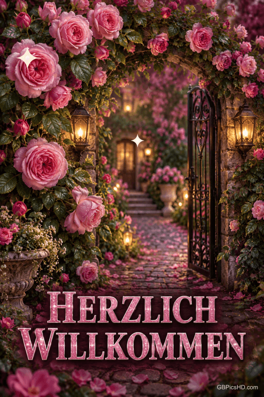 "HERZLICH WILLKOMMEN" steht unter einem rosengesäumten Gartentor mit leuchtenden Laternen und einem Weg voller Blütenblätter.