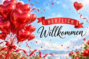 Rote Herzballons und geschwungene Bänder vor blauem Himmel begleiten den Gruß "HERZLICH Willkommen".