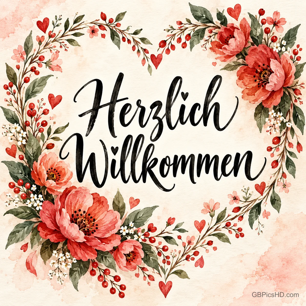 Ein herzförmiger Kranz aus roten Blüten, Beeren und kleinen Herzen umrahmt den Schriftzug "Herzlich willkommen".