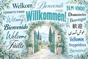 Ein offenes Gartentor unter einem blumigen Steinbogen ist von Grüßen in vielen Sprachen umgeben, darunter "Willkommen!".