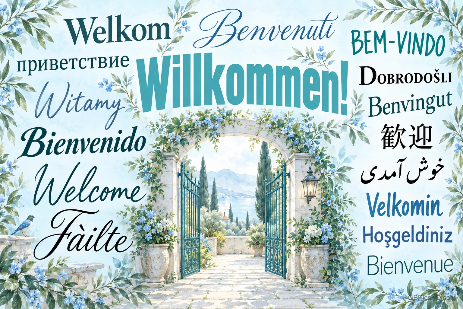 Ein offenes Gartentor unter einem blumigen Steinbogen ist von Grüßen in vielen Sprachen umgeben, darunter "Willkommen!".