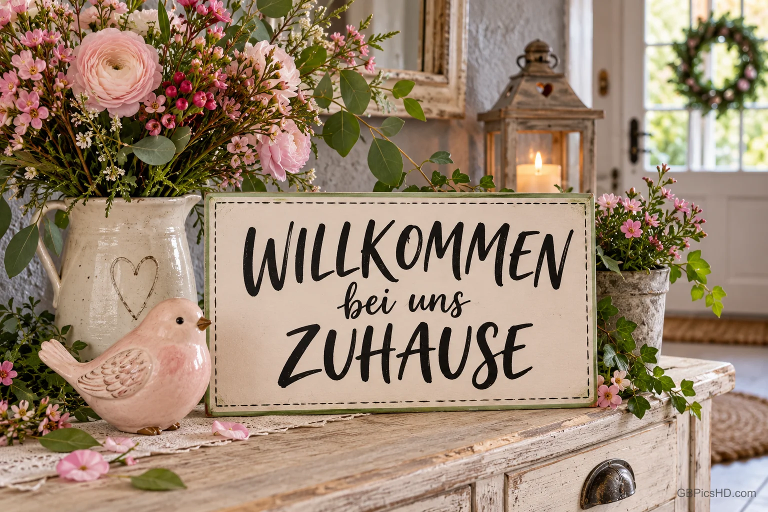 Ein Schild mit "Willkommen bei uns zu Hause" steht neben rosa Blumen, einer Vogelfigur und einer Laterne auf einer Kommode.