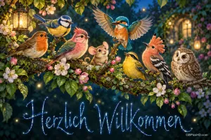 Bunte Vögel, eine Eule und eine Maus sitzen auf einem blühenden Ast über dem leuchtenden Schriftzug "Herzlich willkommen".