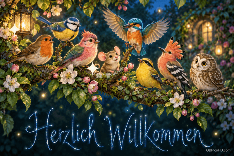 Bunte Vögel, eine Eule und eine Maus sitzen auf einem blühenden Ast über dem leuchtenden Schriftzug "Herzlich willkommen".