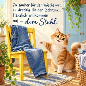 Eine getigerte Katze hebt die Pfote neben einem gelben Stuhl mit Jeans und dem Spruch "Herzlich willkommen auf ... dem Stuhl.".
