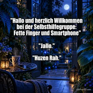 "Hallo und herzlich willkommen bei der Selbsthilfegruppe: Fette Finger und Smartphone" steht über einer nächtlichen Gartenterrasse.