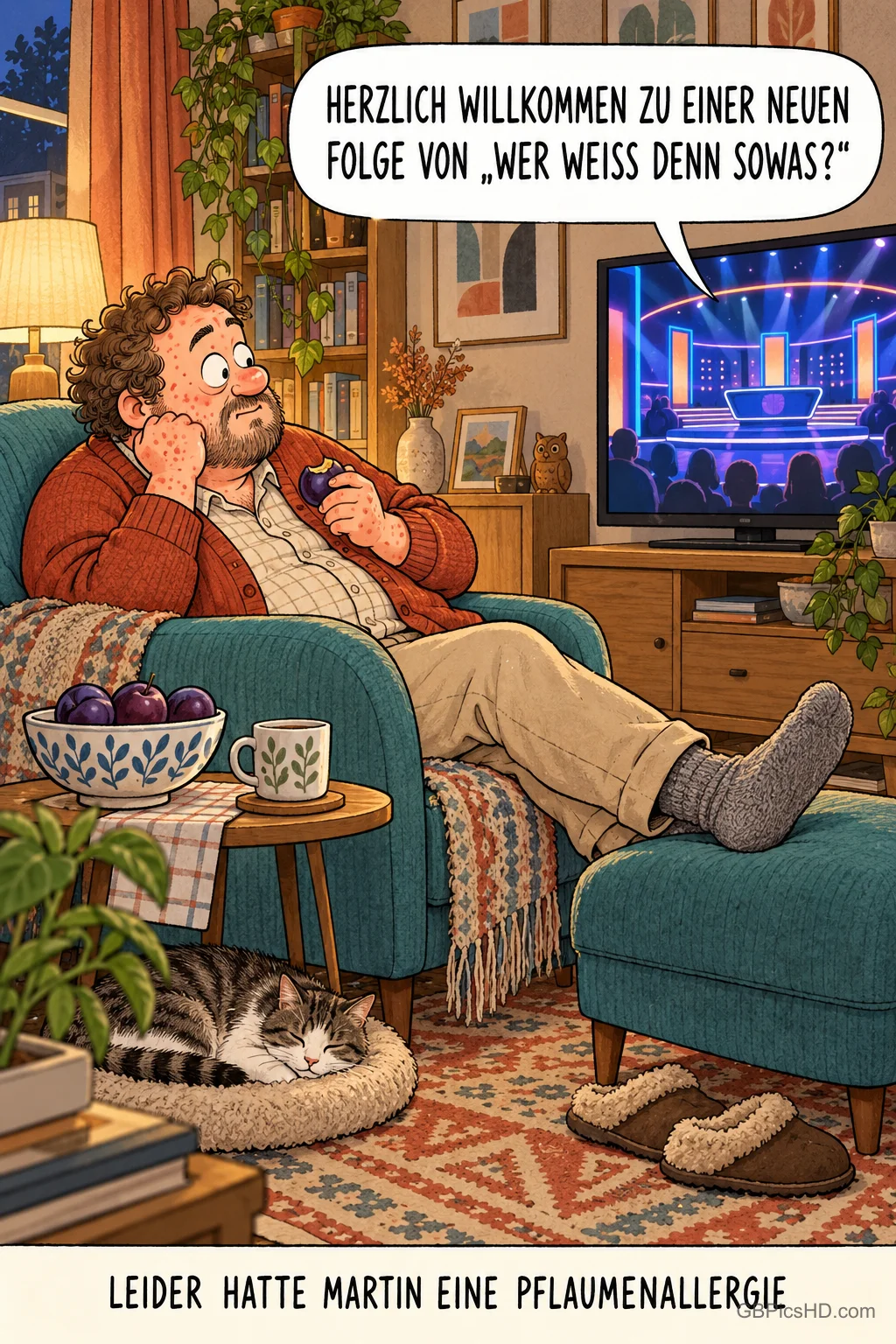Ein Mann mit Pflaume sitzt vor dem Fernseher; in der Sprechblase steht "Herzlich willkommen zu einer neuen Folge von 'Wer weiß denn sowas?'".