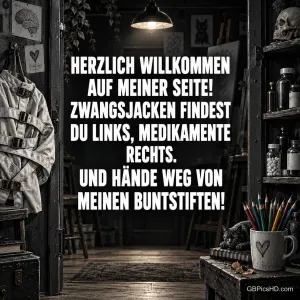 "Herzlich willkommen auf meiner Seite!" steht in einem dunklen Raum mit Zwangsjacke, Medikamenten, Totenschädel und Buntstiften.