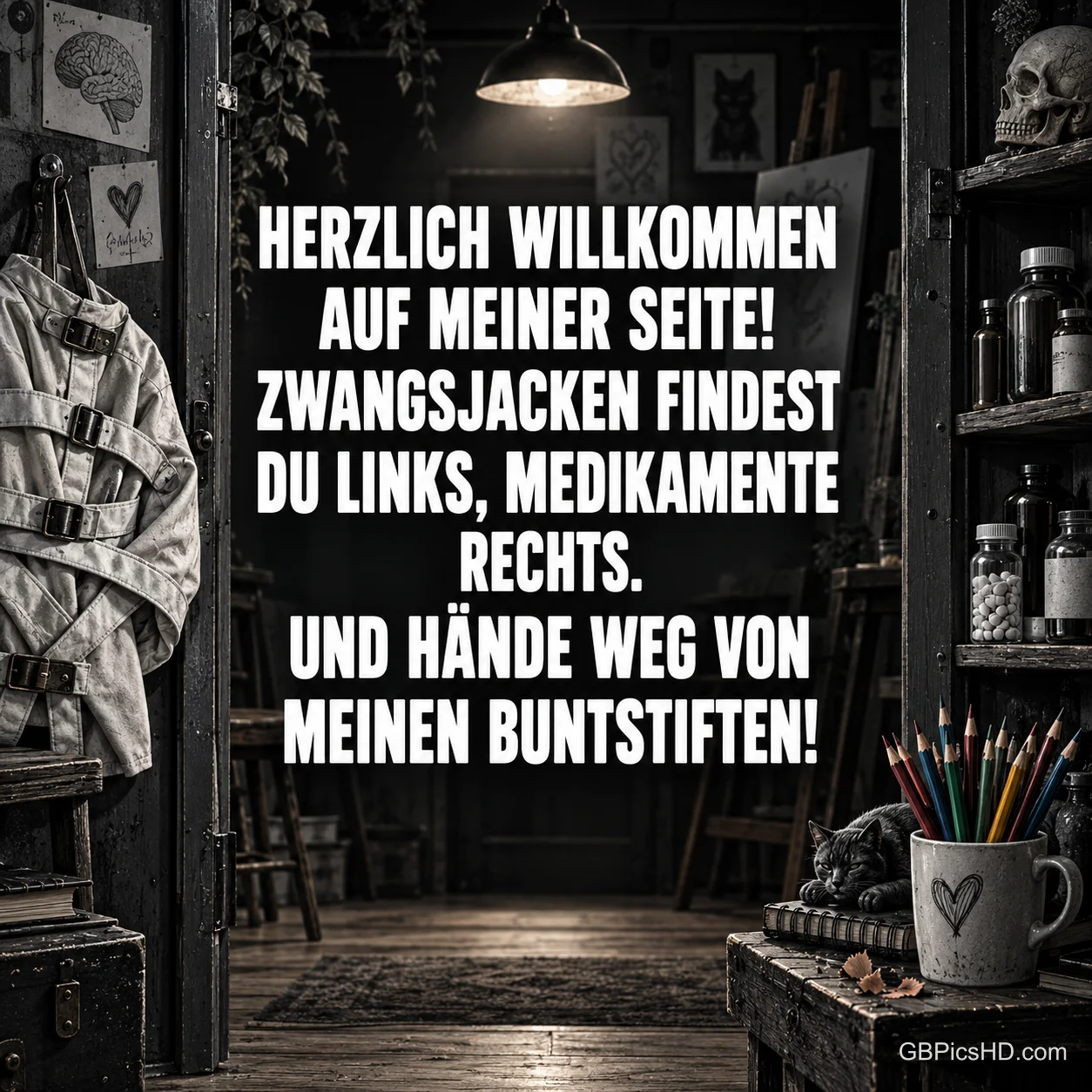 "Herzlich willkommen auf meiner Seite!" steht in einem dunklen Raum mit Zwangsjacke, Medikamenten, Totenschädel und Buntstiften.